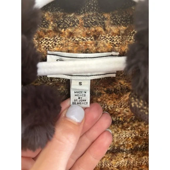 St John Sport Knit Long coat jacket multi brown with fur trim belt NWOT Small‎